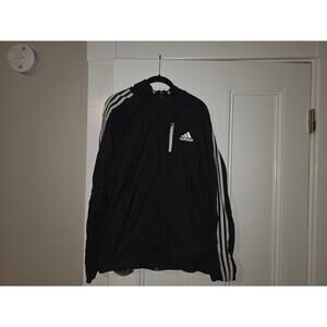 Vintage Adidas Jacket Mens L Black White Hooded Windbreaker 3 Stripe Athletic